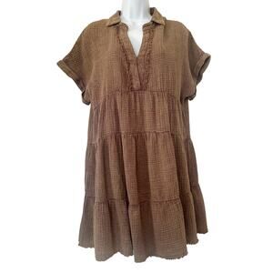 NWT Umgee Short Sleeve Mini Dress 100% Cotton Cappuccino Brown Size Small